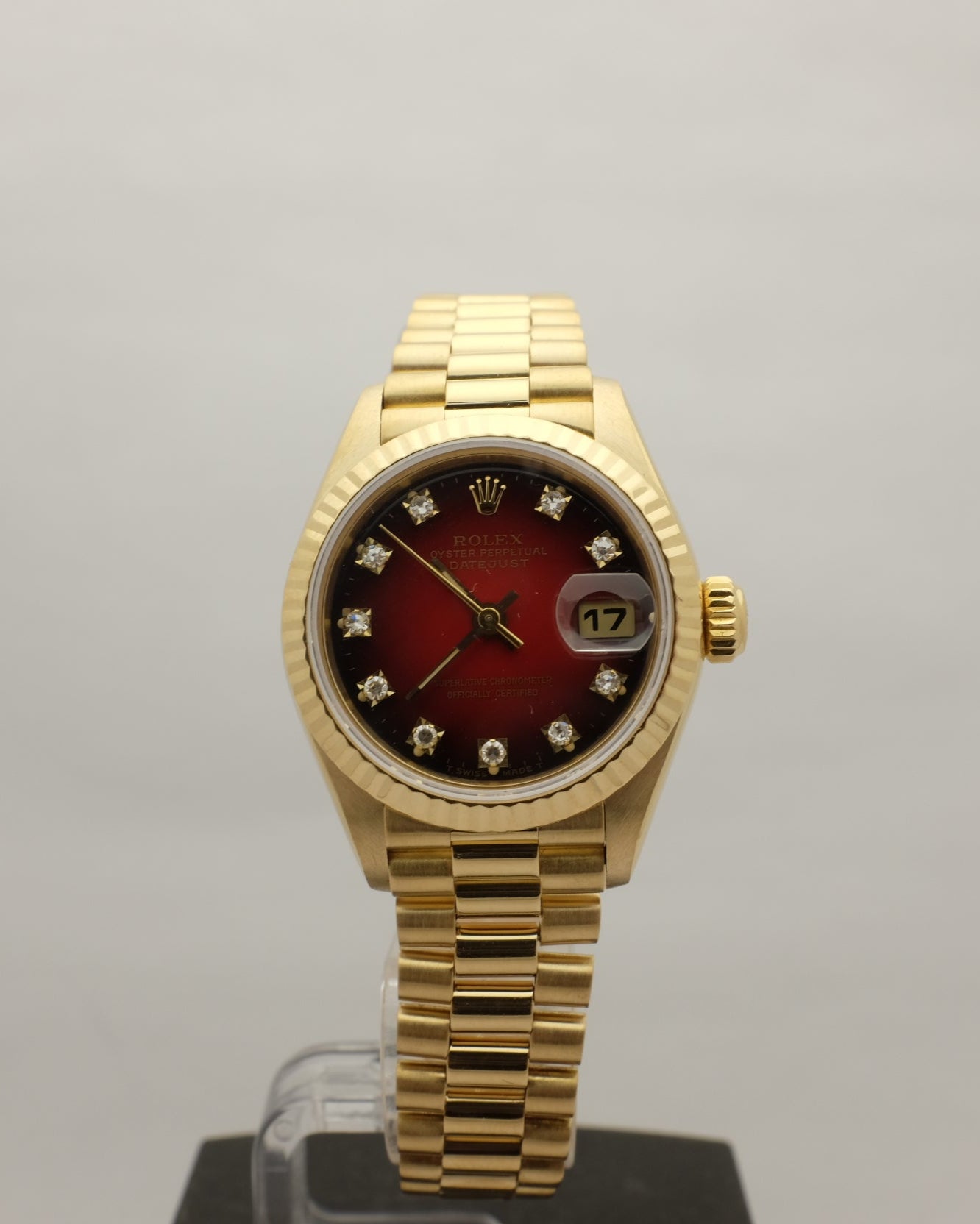 Rolex Oyster Perpetual Date 18kt Yellow Gold Factory Ombre Red Diamond Dial 26MM 69178