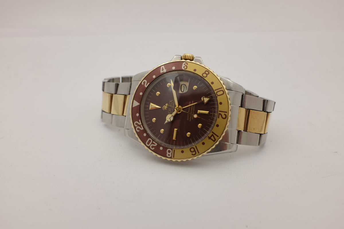 Rolex GMT Master Root Beer 14k Yellow Gold & Steel "Nipple Dial" 1675 CIRCA 1973