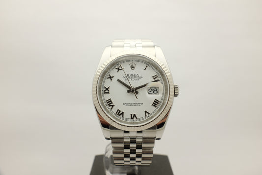 Rolex Datejust White Steel Fluted Bezel Jubilee 36MM 116200 Box Papers 2012