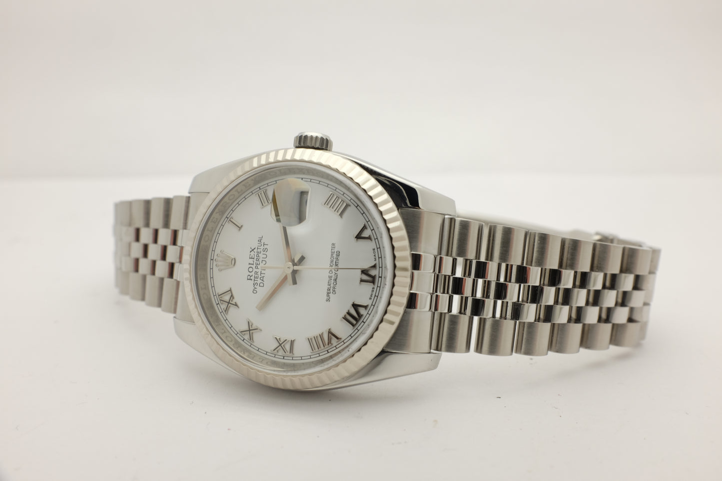 Rolex Datejust White Steel Fluted Bezel Jubilee 36MM 116200 Box Papers 2012