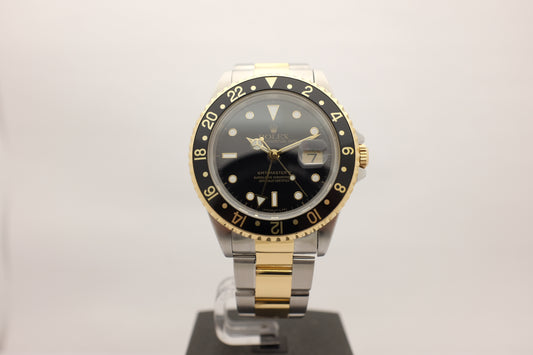 Rolex GMT Master II 18k Yellow Gold Steel Black 16713 40MM